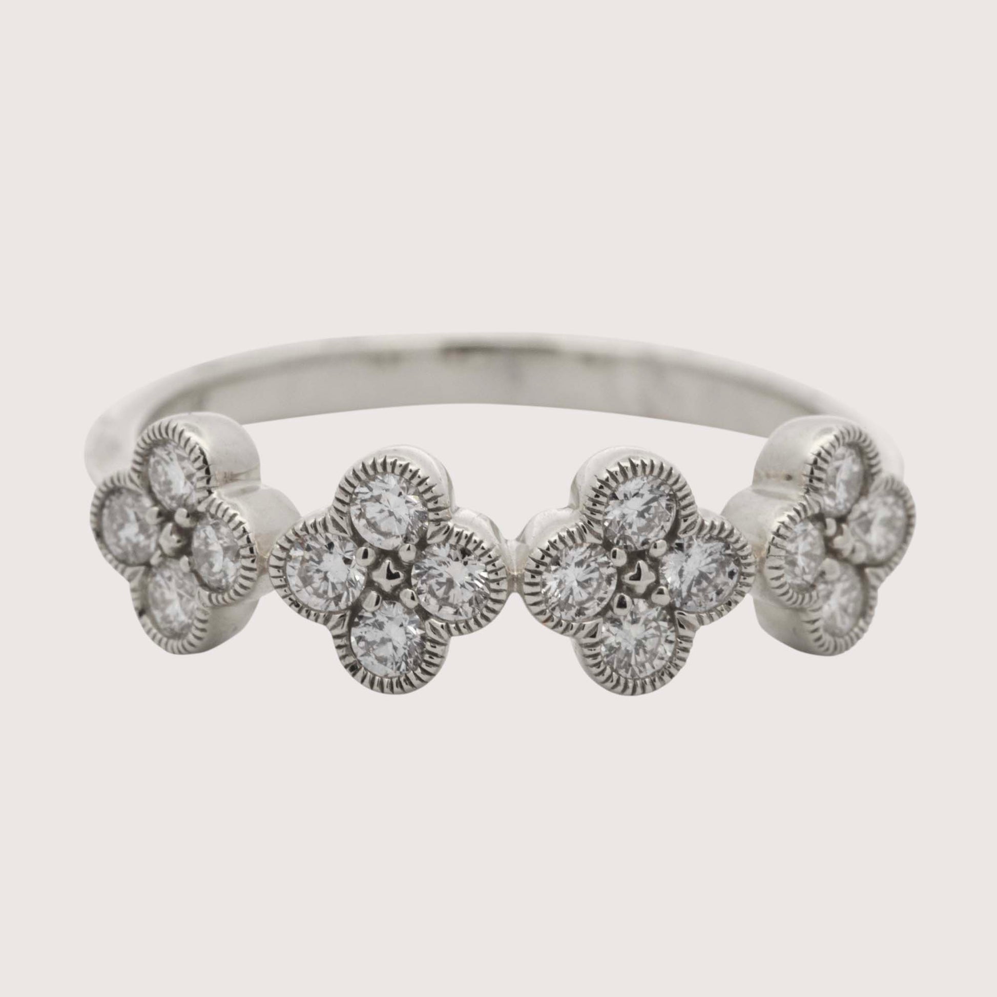 14K White Gold Diamond Clovers Band Ring
