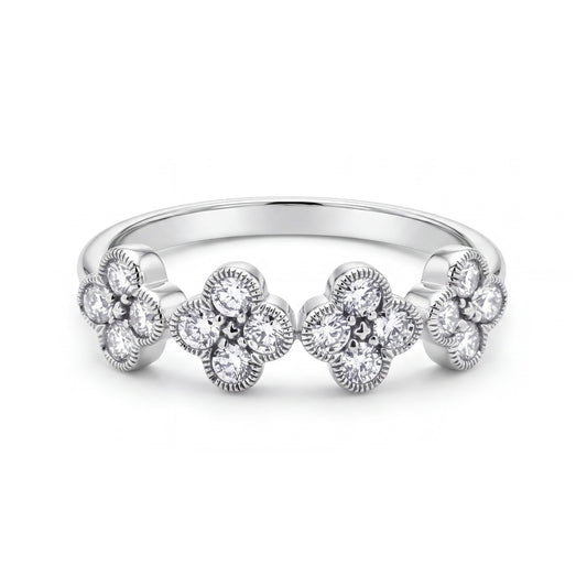 14K White Gold Diamond Clovers Band Ring