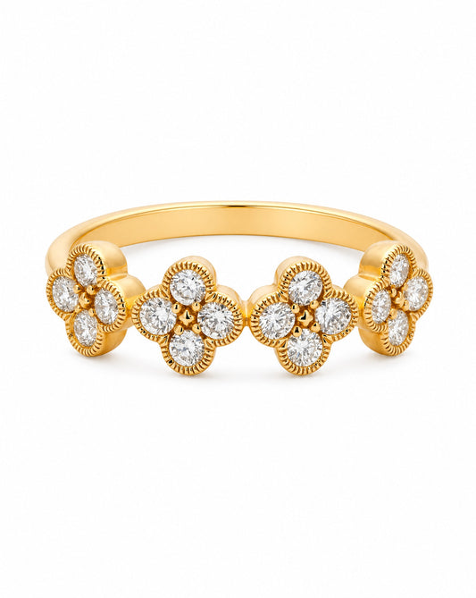 14K Yellow Gold Diamond Clovers Band Ring