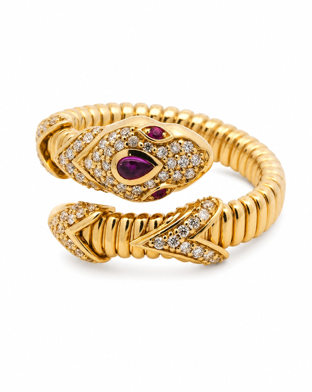 14K Yellow Gold Diamond and Ruby Snake Ring Style 1