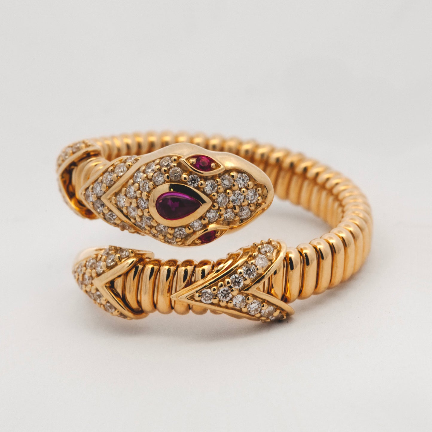 14K Yellow Gold Diamond and Ruby Snake Ring Style 1