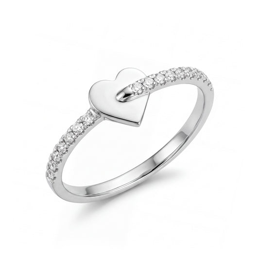 14k White Gold Diamond Row and Heart Ring