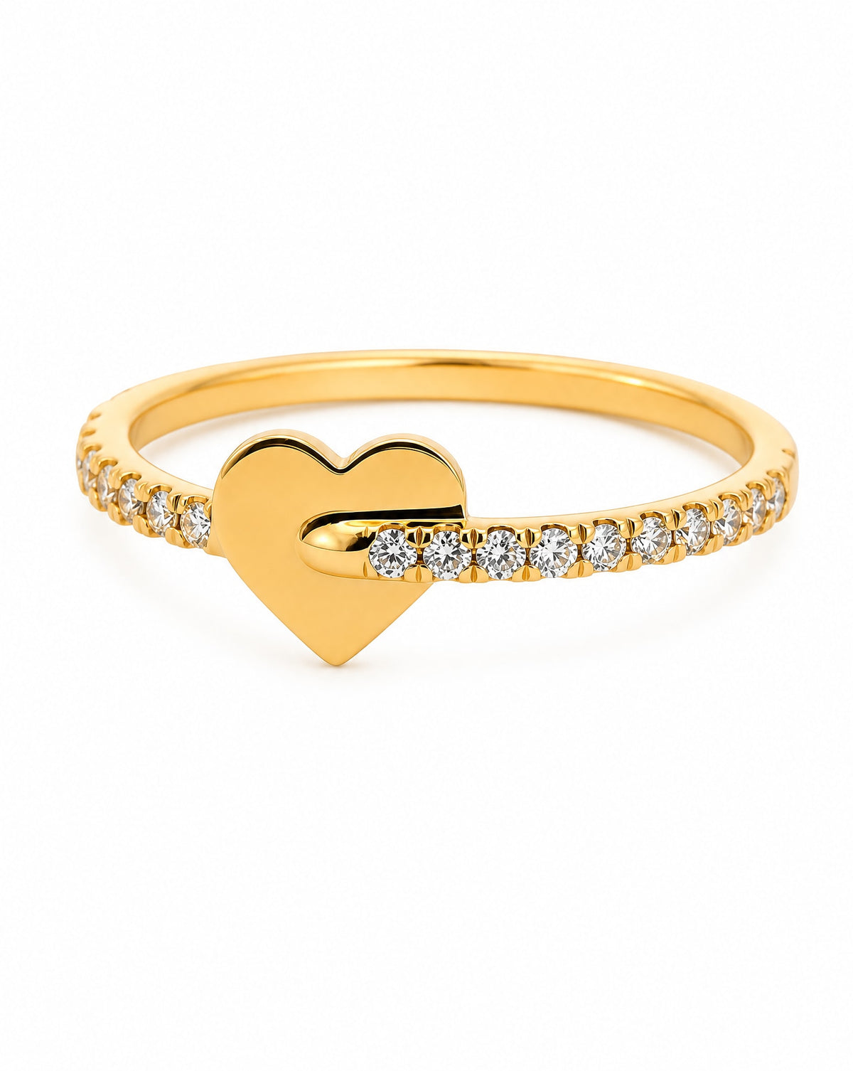 14k Yellow Gold Diamond Row and Heart Ring