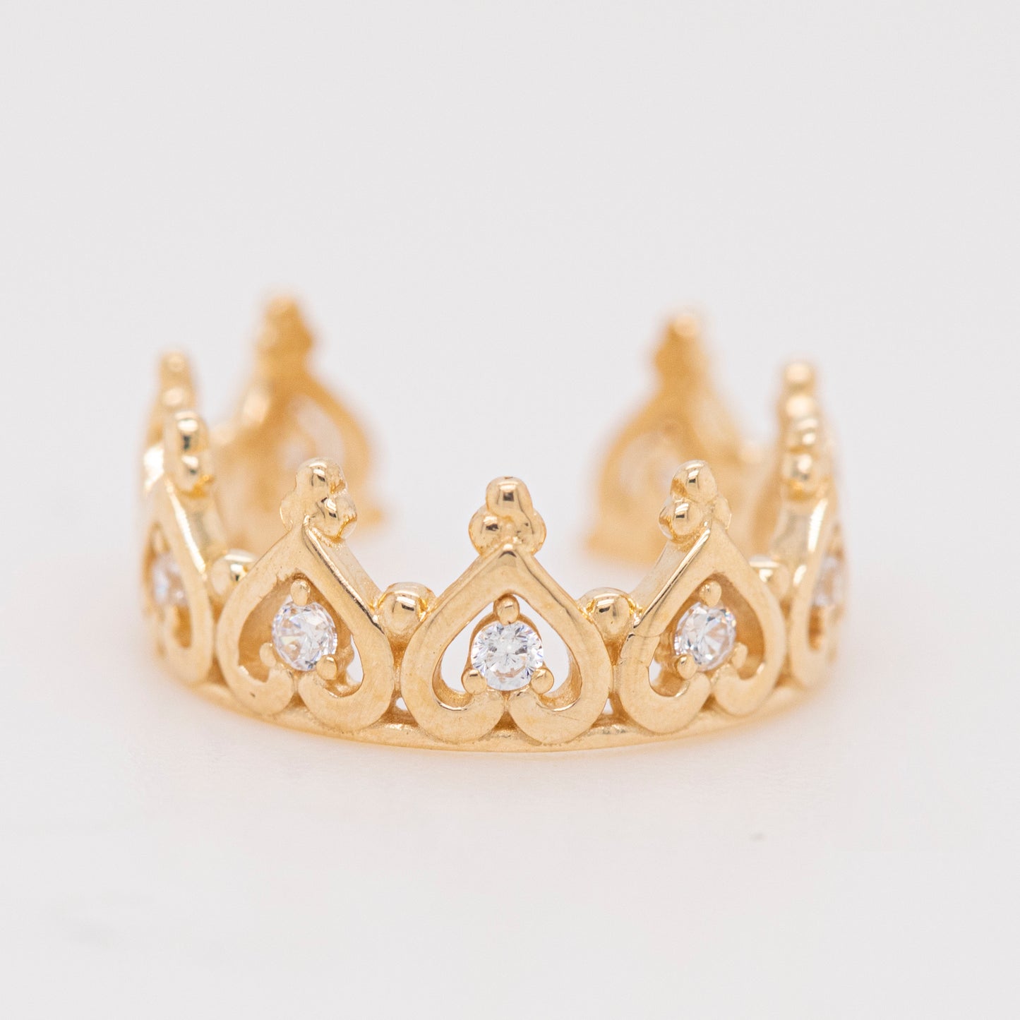14K Yellow Gold CZ Heart Crown Ear Cuff