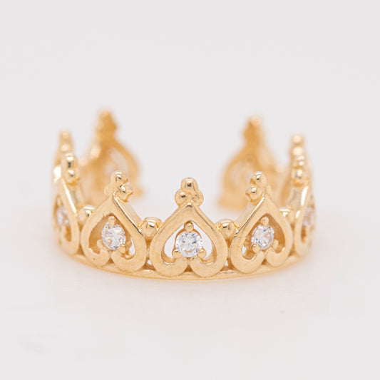 14K Yellow Gold CZ Heart Crown Ear Cuff