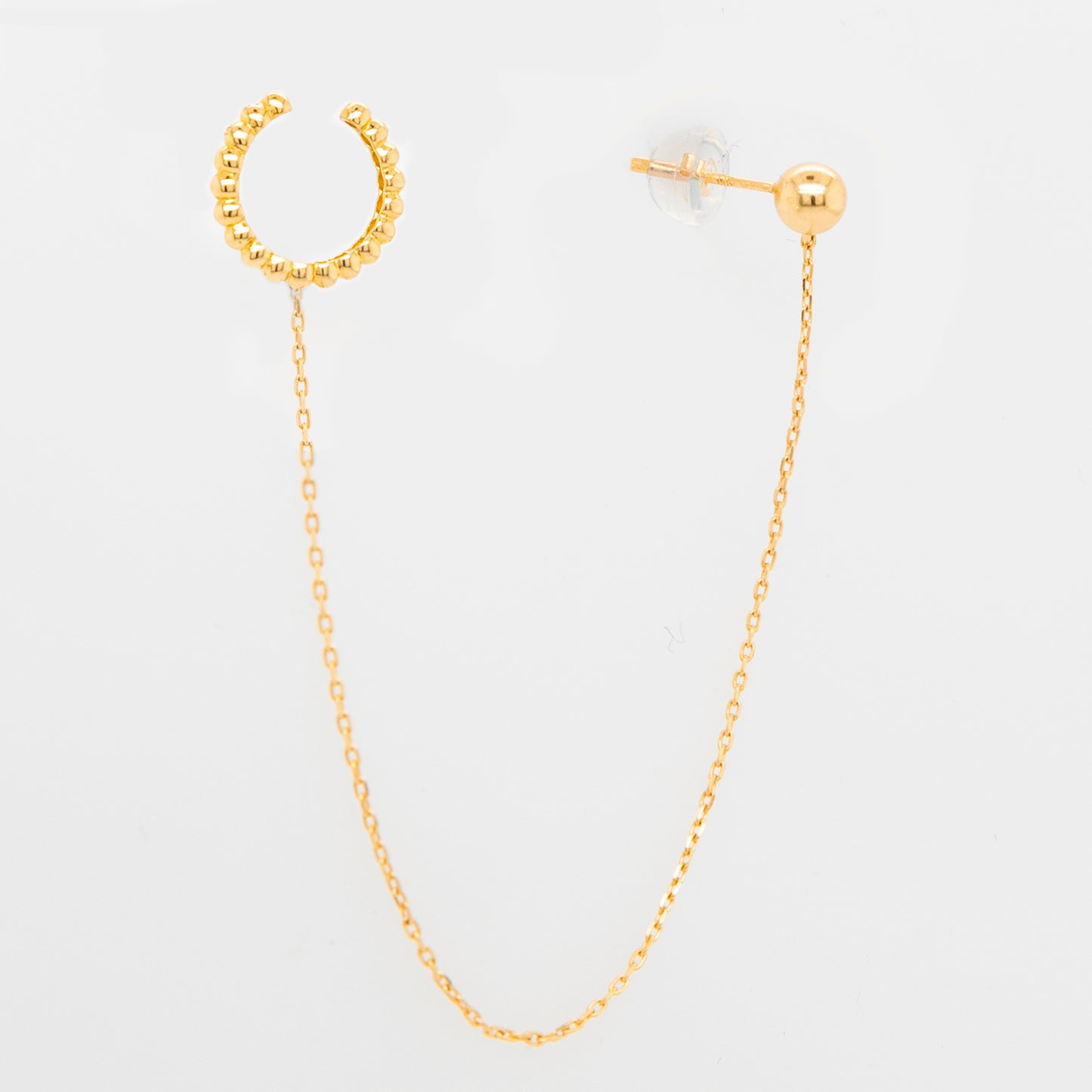 14K Yellow Gold Beaded and Plain Ball Chain Ear Cuff