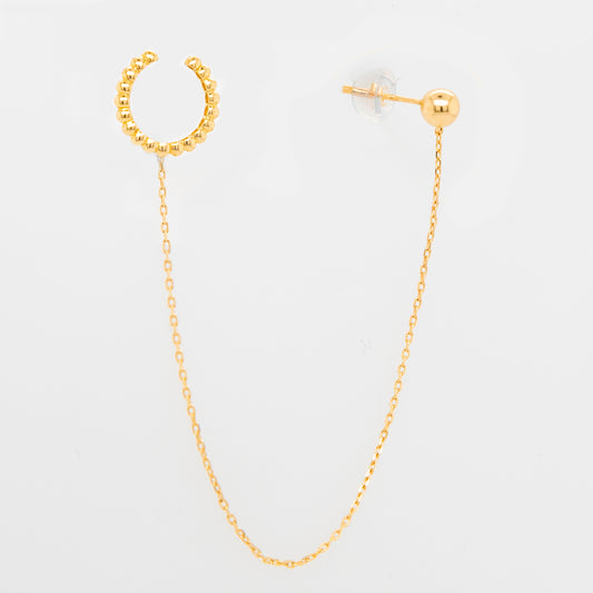14K Yellow Gold Beaded and Plain Ball Chain Ear Cuff