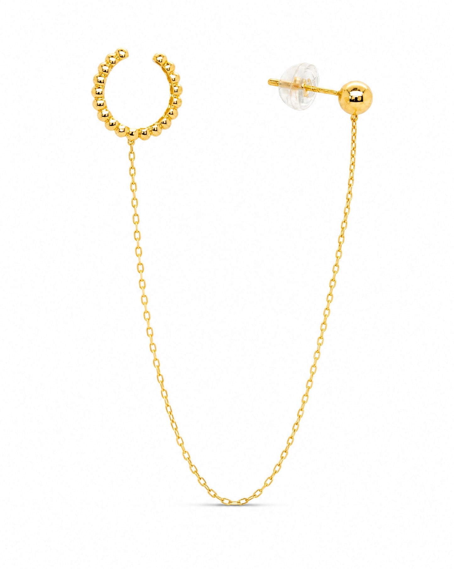 14K Yellow Gold Beaded and Plain Ball Chain Ear Cuff