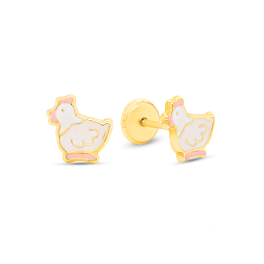 14K Yellow Gold White and Pink Chicken Enamel Screwback Earrings