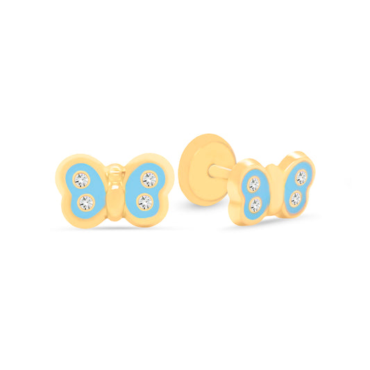 14K Yellow Gold CZ Light Blue Butterfly Enamel Screwback Earrings