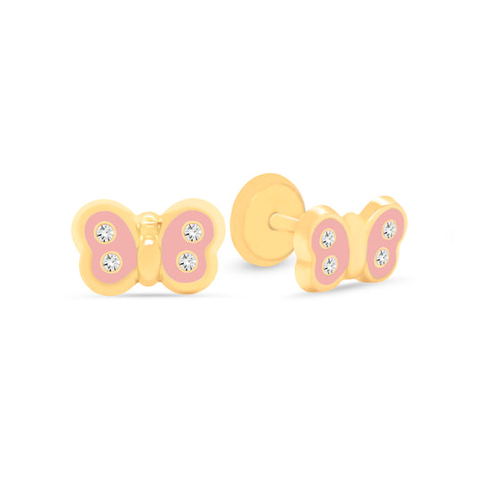 14K Yellow Gold CZ Pink Butterfly Enamel Screwback Earrings