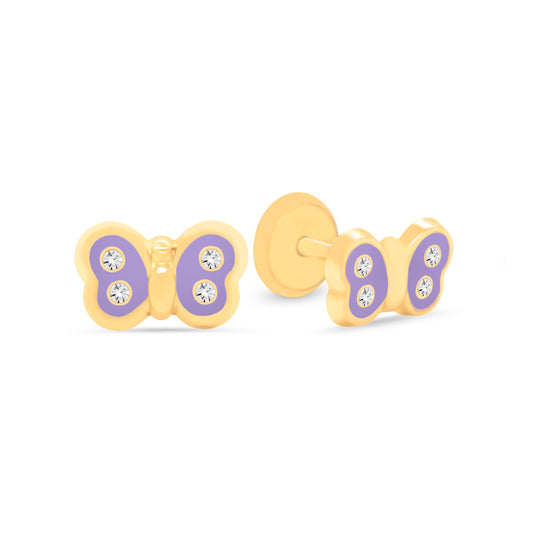 14K Yellow Gold CZ Purple Butterfly Enamel Screwback Earrings