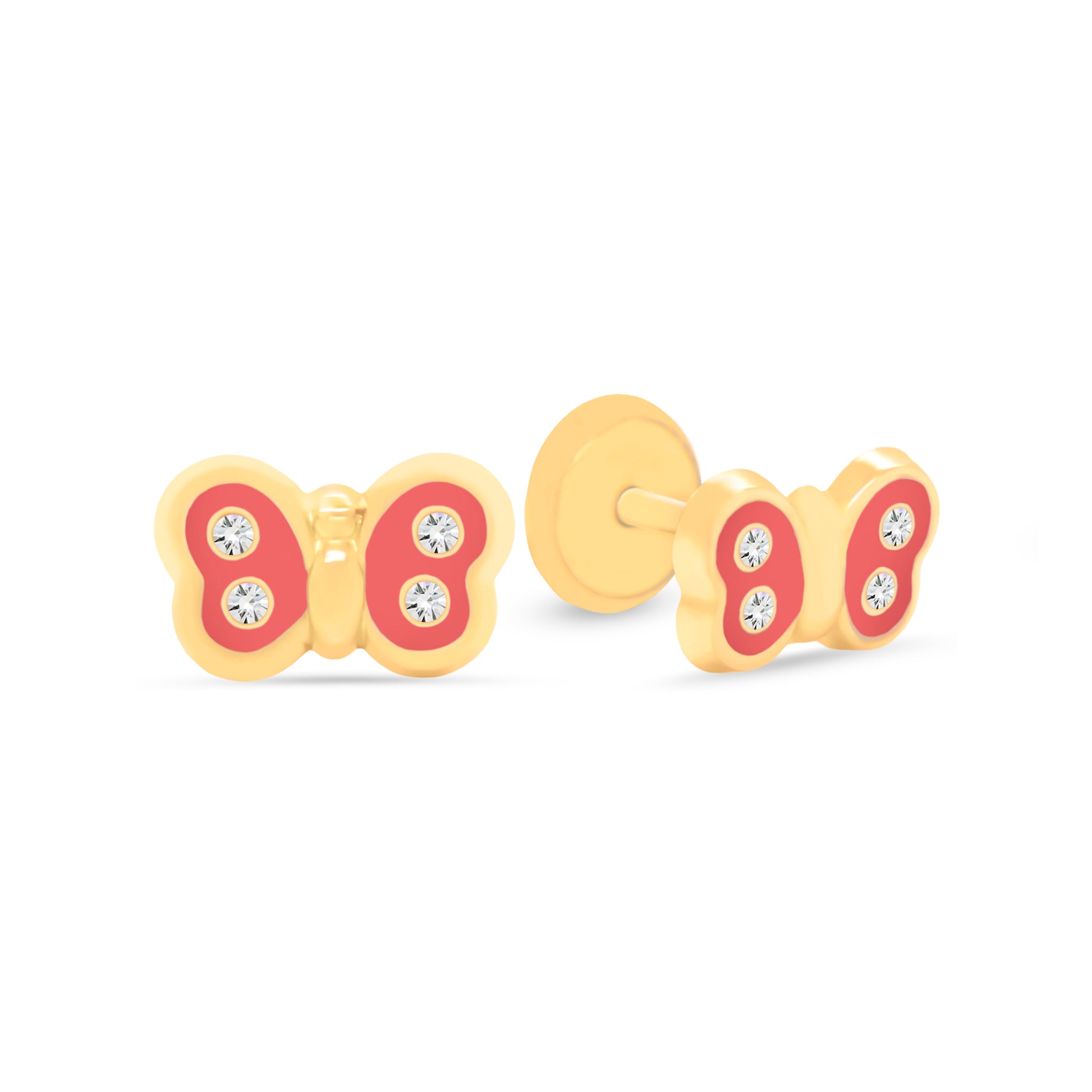 14K Yellow Gold CZ Red Butterfly Enamel Screwback  Earrings