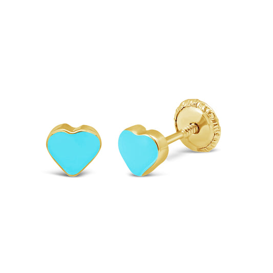 14K Yellow Gold Medium Light Blue Heart Enamel Screwback Earrings