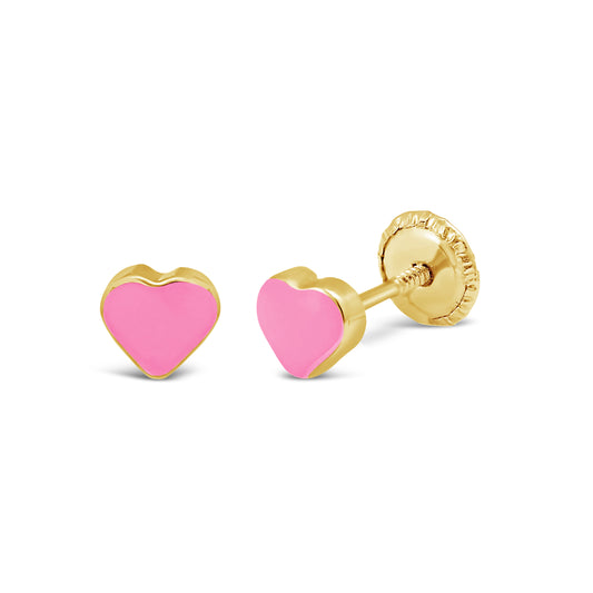 14K Yellow Gold Medium Pink Heart Enamel Screwback Earrings