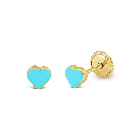 14K Yellow Gold Small Light Blue Heart Enamel Screwback Earrings