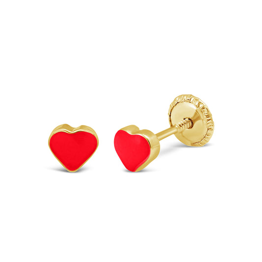 14K Yellow Gold Small Red Heart Enamel Screwback Earrings