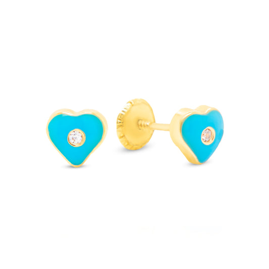 14K Yellow Gold Medium CZ Blue Heart Enamel Screwback Earrings
