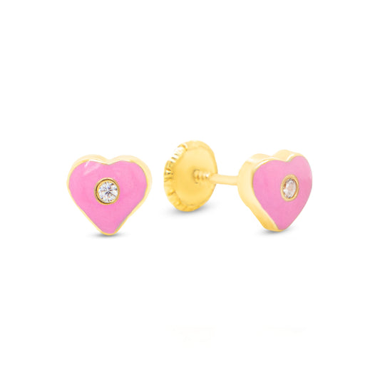 14K Yellow Gold Medium CZ Pink Heart Enamel Screwback Earrings