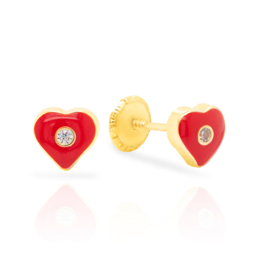 14K Yellow Gold Medium CZ Red Heart Enamel Screwback Earrings