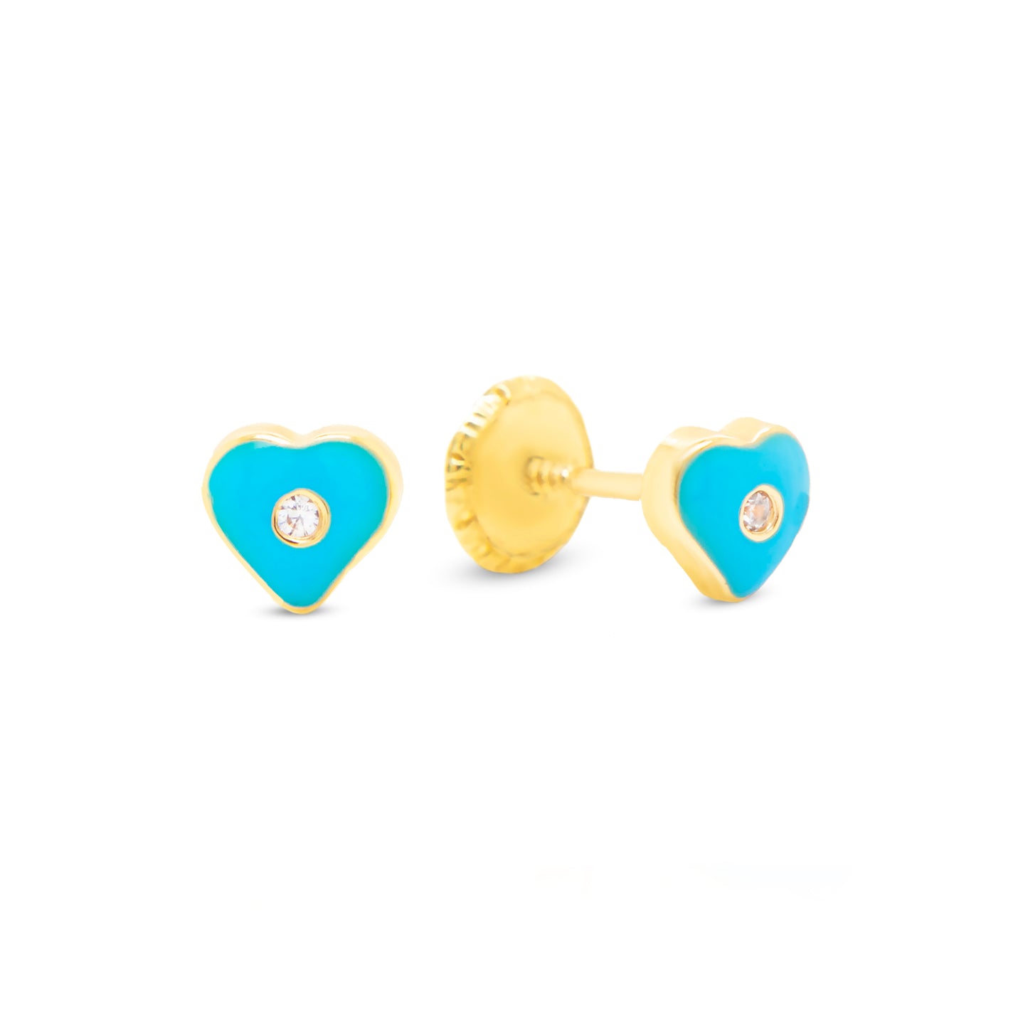 14K Yellow Gold Small CZ Blue Heart Enamel Screwback Earrings