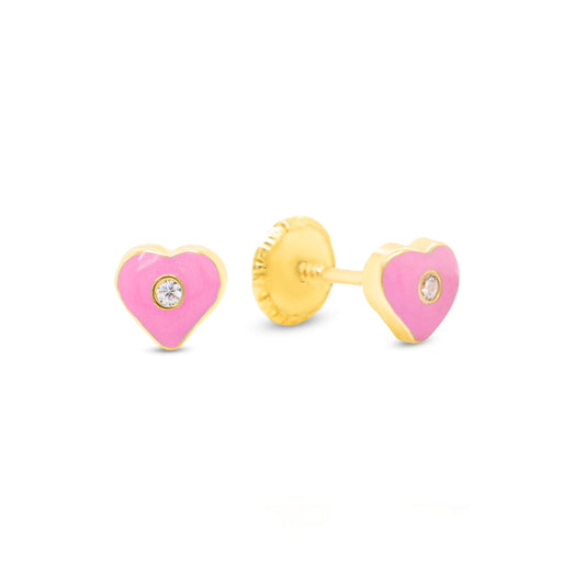 14K Yellow Gold Small CZ Pink Heart Enamel Screwback Earrings
