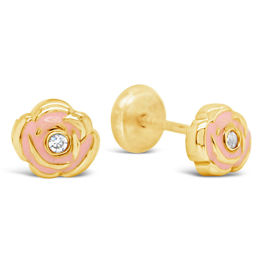 14K Yellow Gold Medium CZ Pink Rose Enamel Screwback Earrings