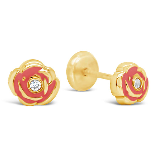 14K Yellow Gold Medium CZ Red Rose Enamel Screwback Earrings