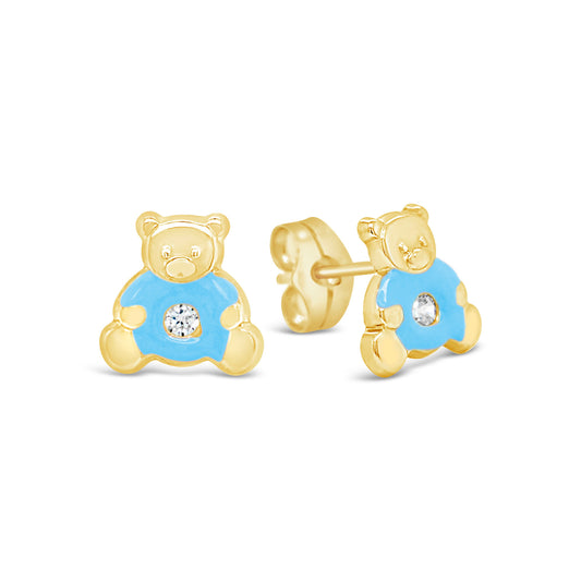 14K Yellow Gold CZ Light Blue Teddy Bear Enamel Screwback Earrings