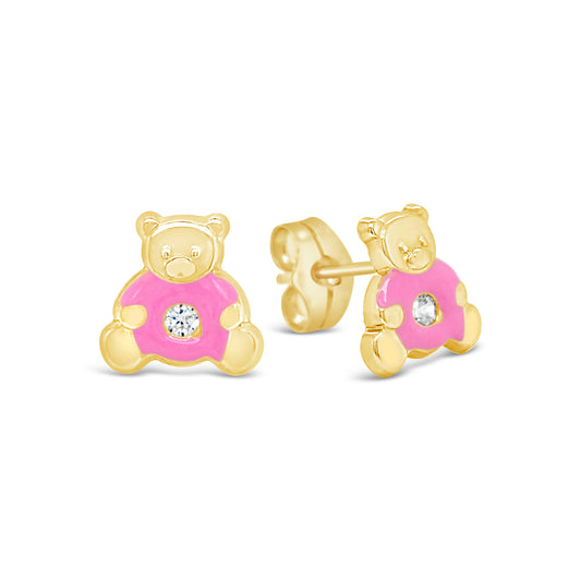 14K Yellow Gold CZ Pink Teddy Bear Enamel Screwback Earrings