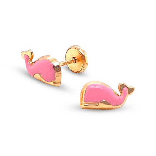 14K Yellow Gold Pink Whale Enamel Screwback Earrings