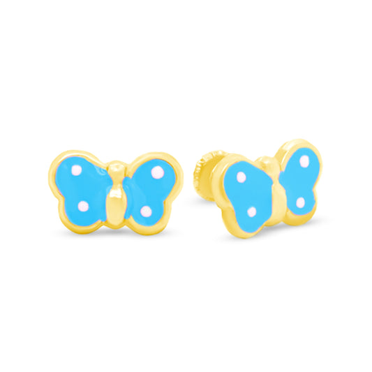 14K Yellow Gold Medium Light Blue Butterfly Enamel Screwback Earrings