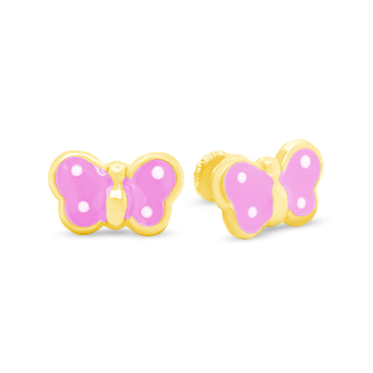 14K Yellow Gold Medium Pink Butterfly Enamel Screwback Earrings