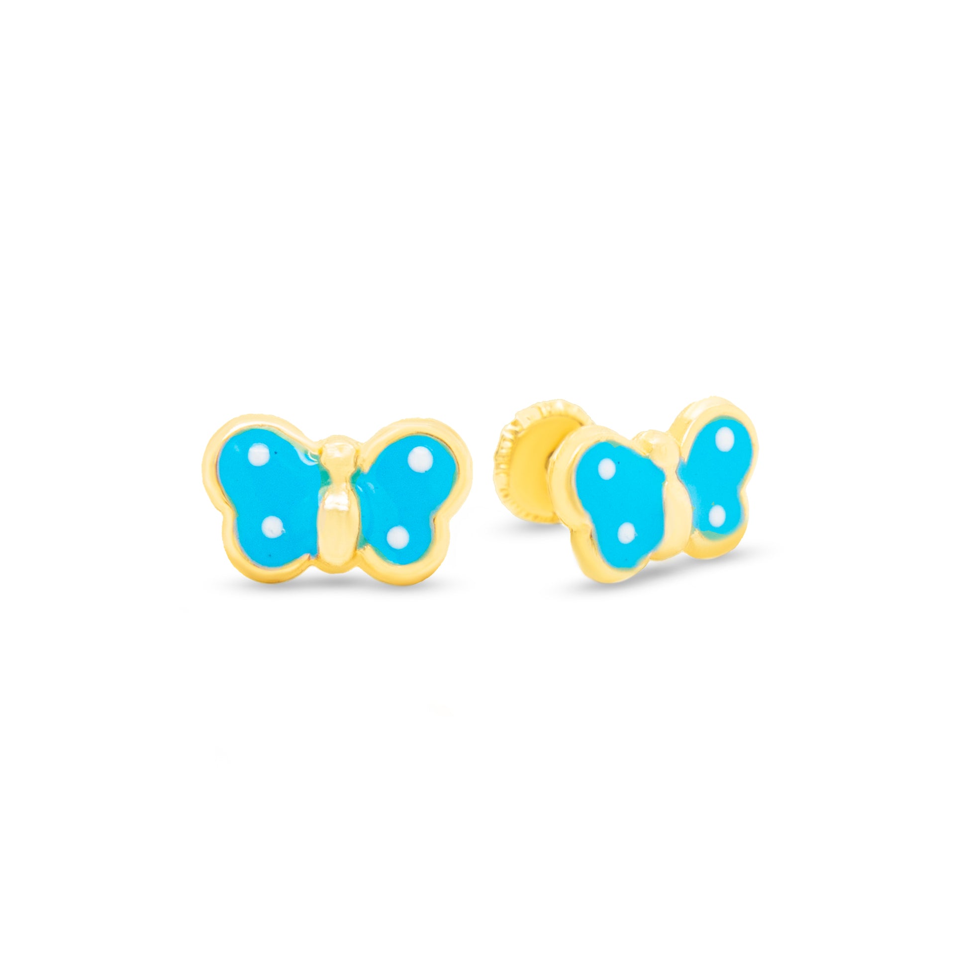 14K Yellow Gold Light Blue Butterfly Enamel Screwback Earrings
