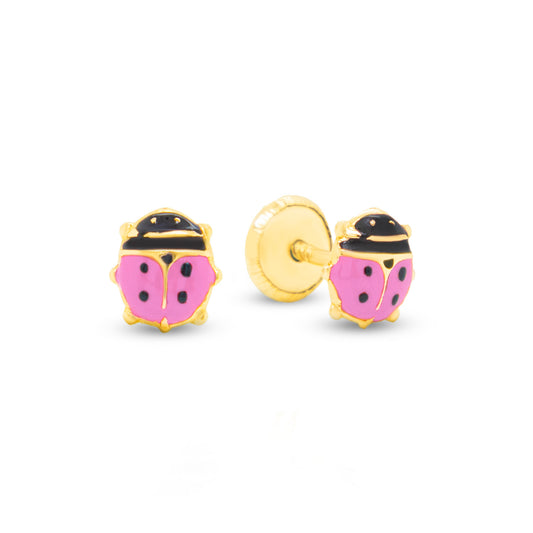 14K Yellow Gold Large Pink Ladybug Enamel Screwback Earrings