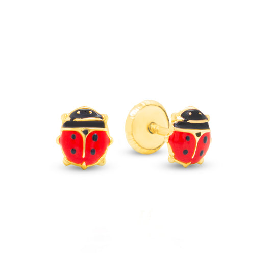 14K Yellow Gold Large Red Ladybug Enamel Screwback Earrings