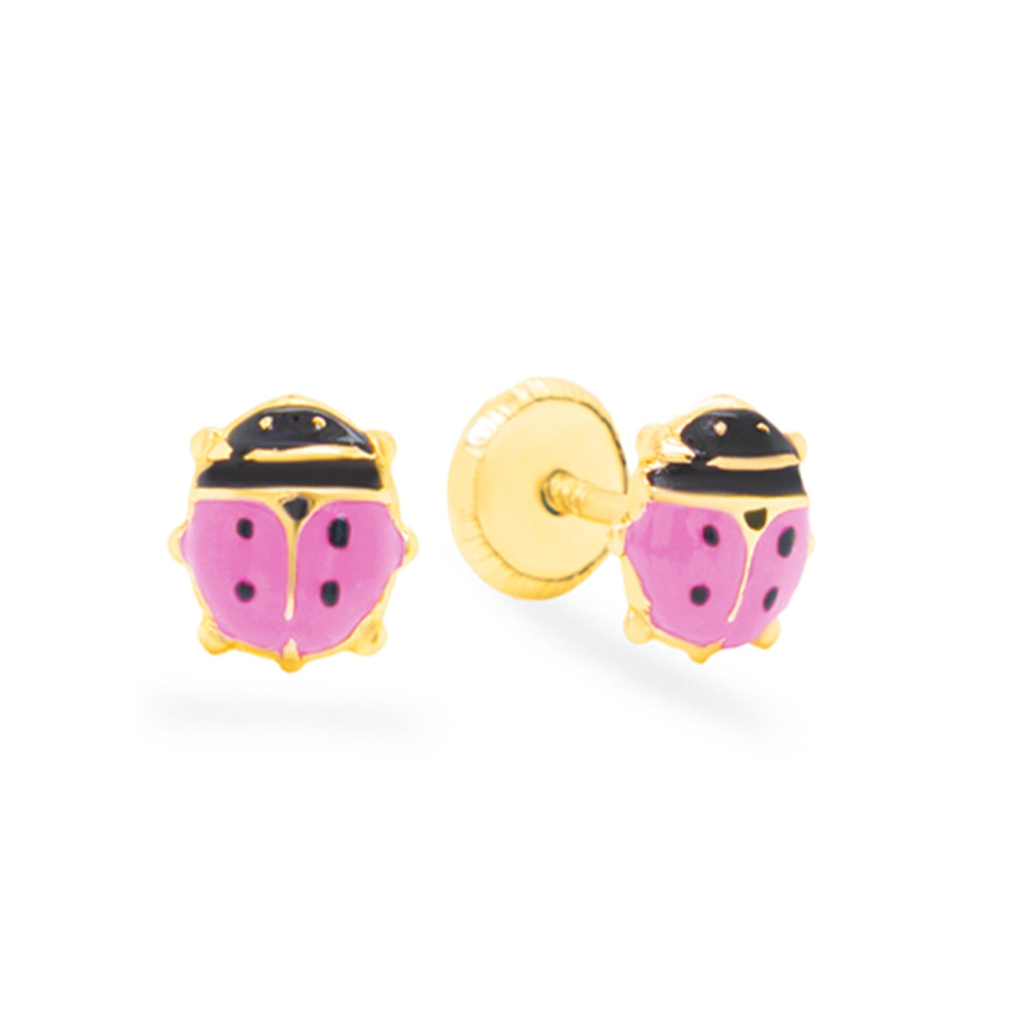 14K Yellow Gold Small Pink Ladybug Enamel Screwback Earrings