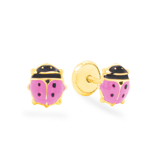 14K Yellow Gold Small Pink Ladybug Enamel Screwback Earrings