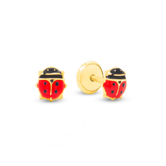 14K Yellow Gold Small Red Ladybug Enamel Screwback Earrings
