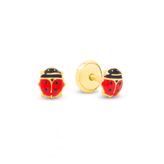 14K Yellow Gold Extra Small Red Ladybug Enamel Screwback Earrings