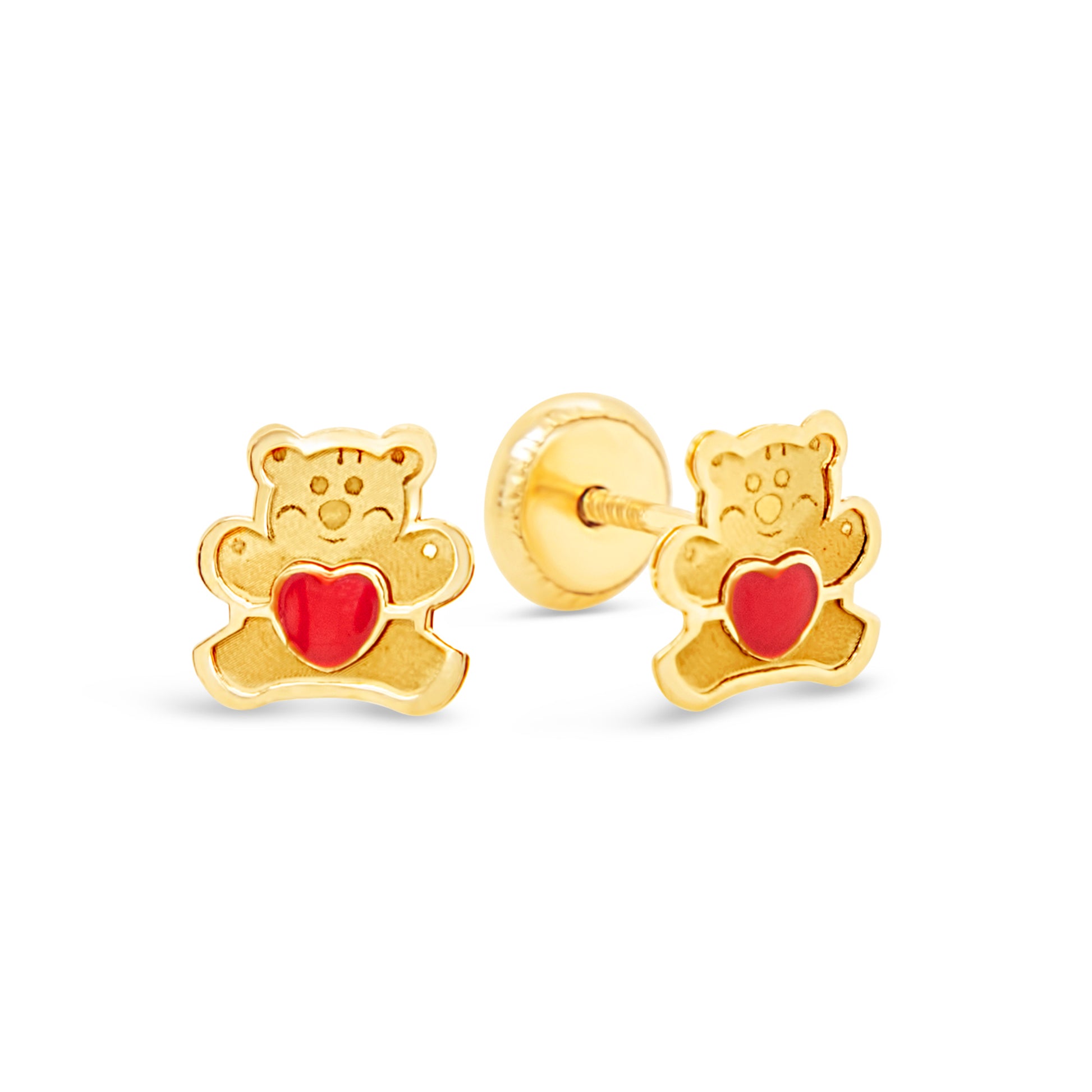 14K Yellow Gold Red Heart Teddy Bear Enamel Screwback Earrings