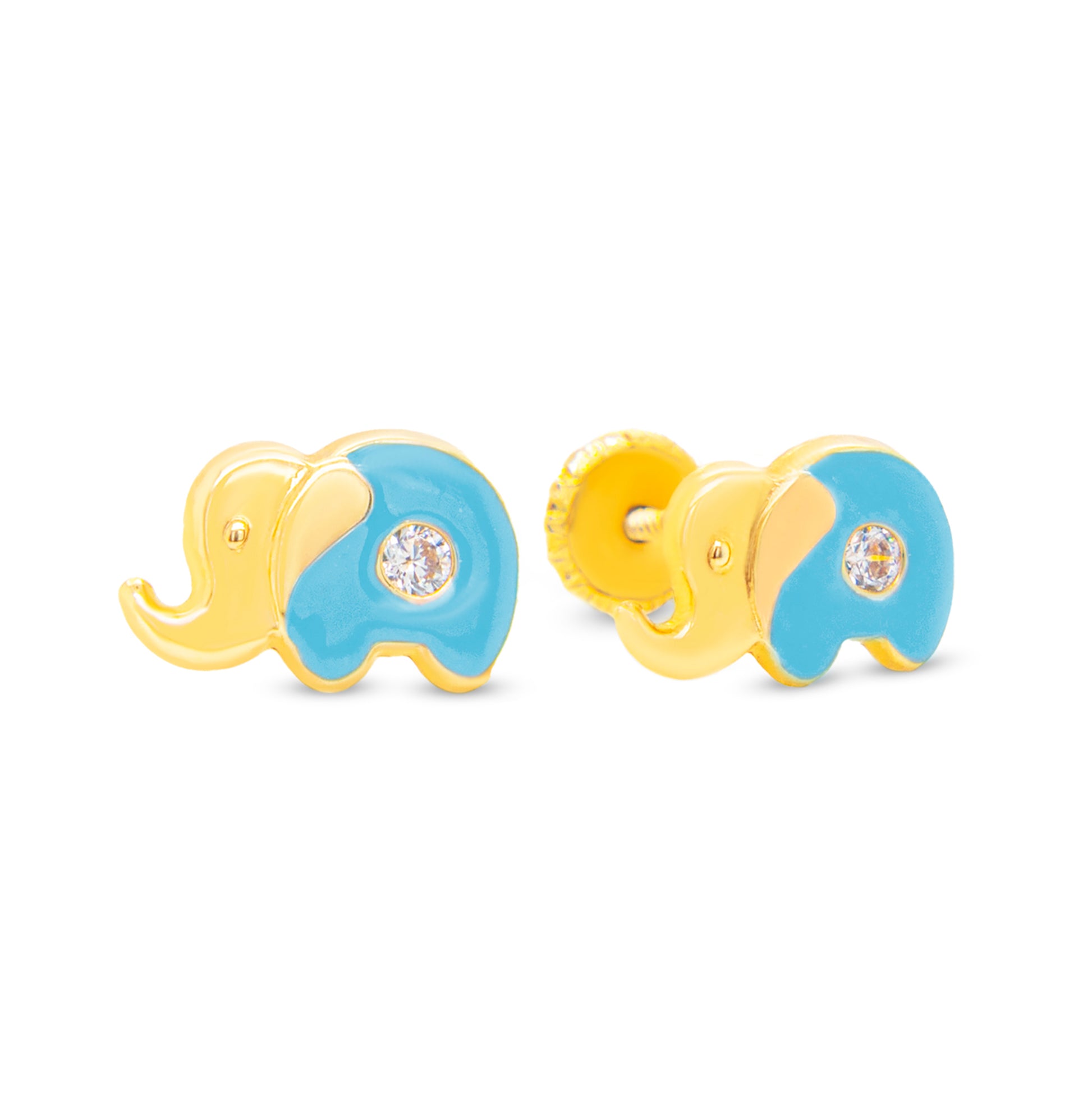 14K Yellow Gold Medium CZ Light Blue Elephant Enamel Screwback Earrings