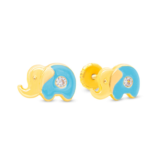 14K Yellow Gold Medium CZ Light Blue Elephant Enamel Screwback Earrings