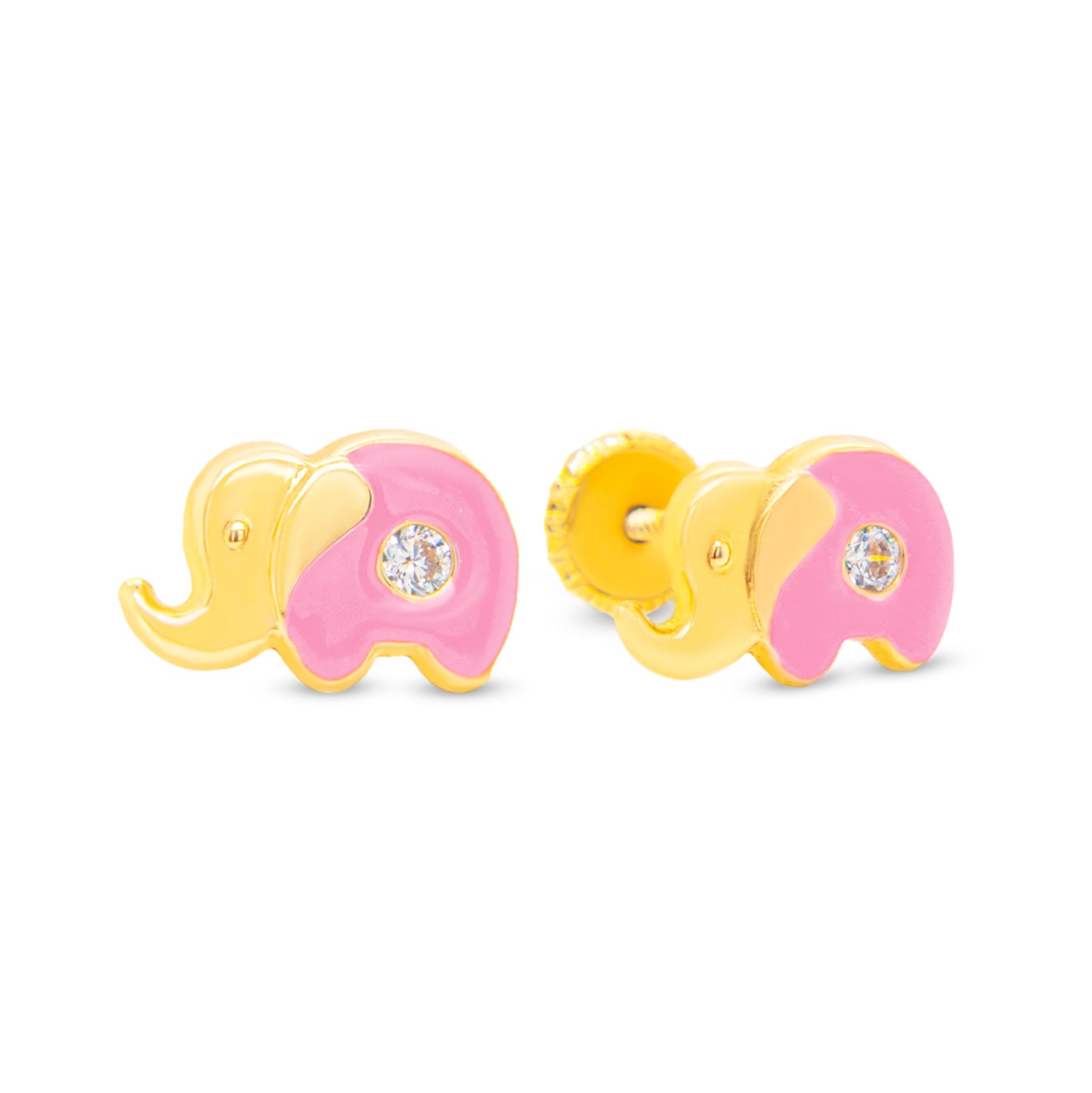 14K Yellow Gold Medium CZ Pink Elephant Enamel Screwback Earrings
