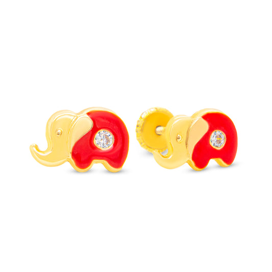14K Yellow Gold Medium CZ Red Elephant Enamel Screwback Earrings