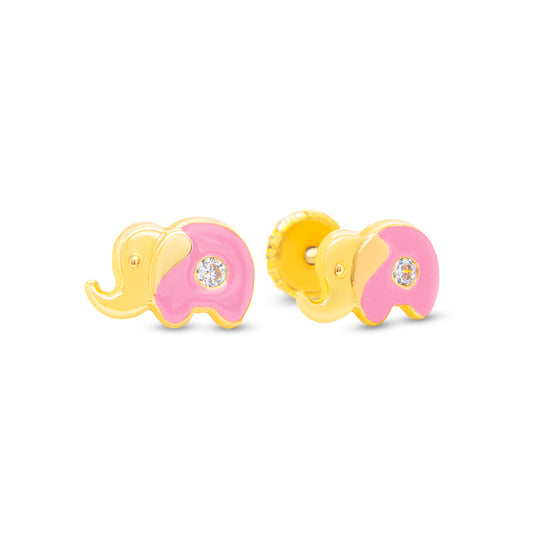 14K Yellow Gold Small CZ Pink Elephant Enamel Screwback Earrings