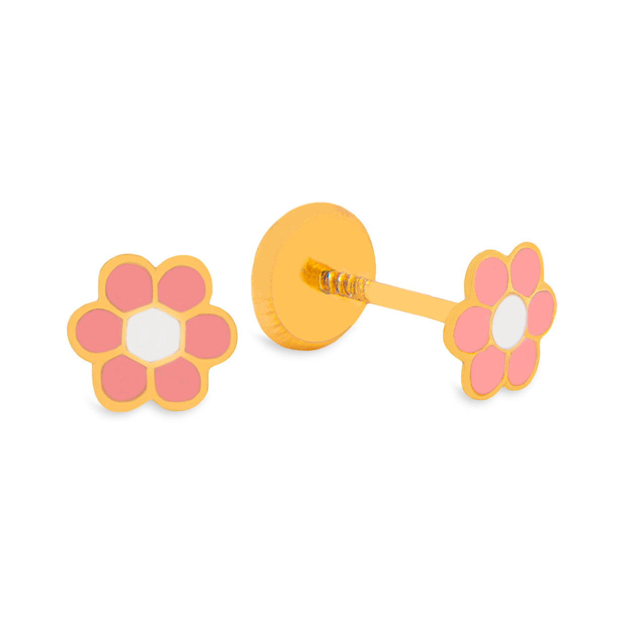 14K Yellow Gold Pink and White Flower Enamel Screwback Earrings