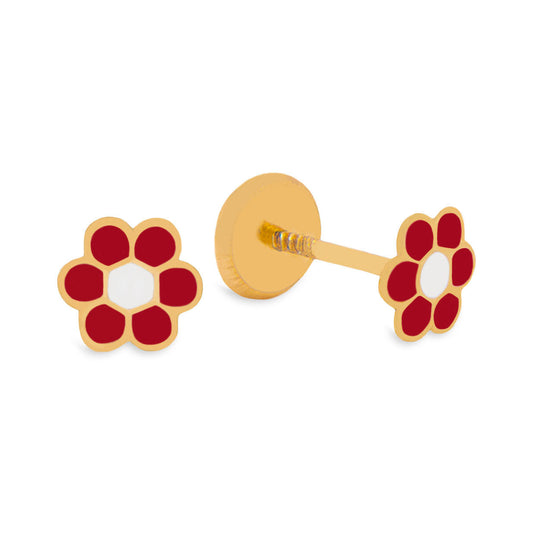 14K Yellow Gold Red and White Flower Enamel Screwback Earrings