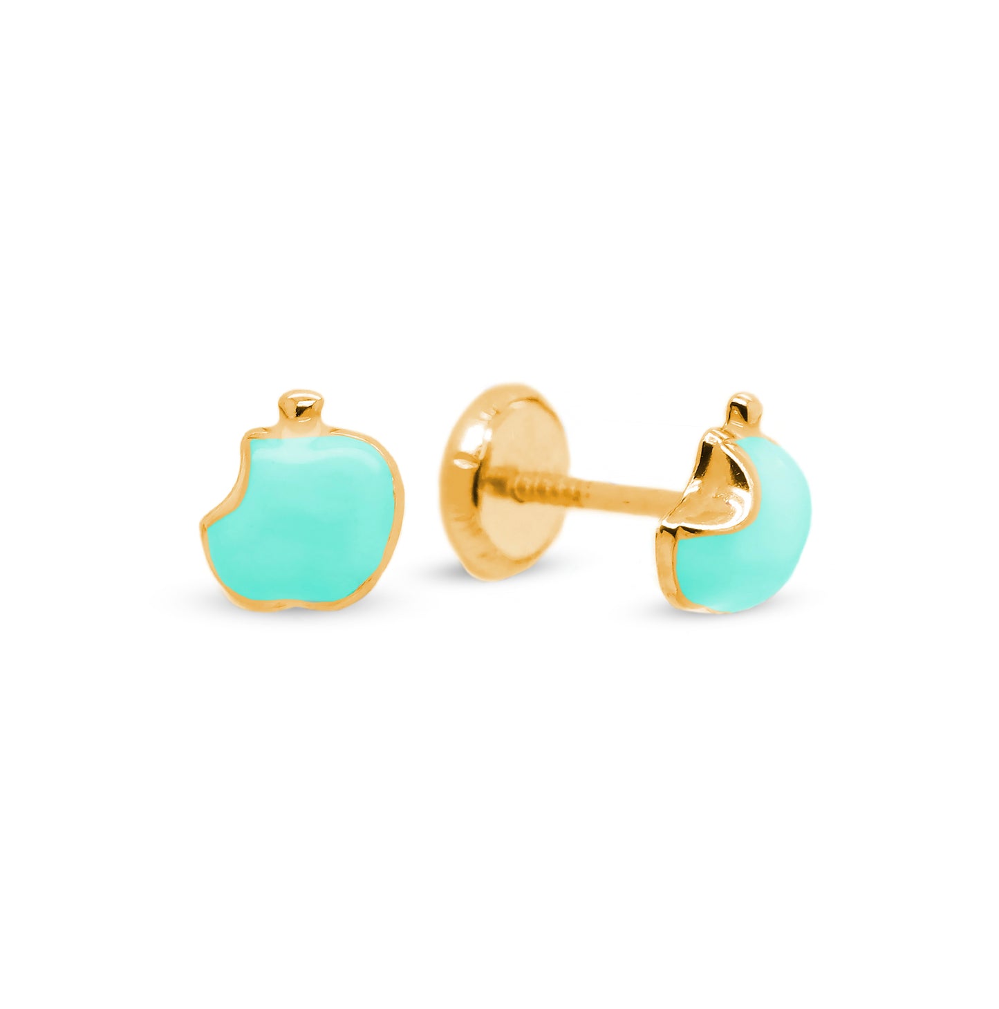 14K Yellow Gold Green Bitten Apple Enamel Screwback Earrings