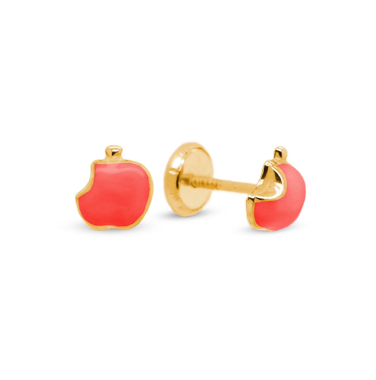 14K Yellow Gold Red Bitten Apple Enamel Screwback Earrings